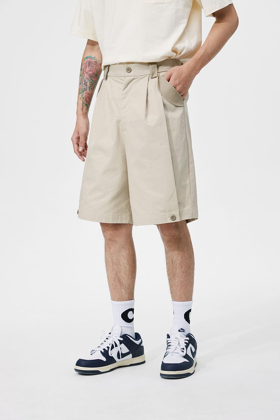 CONKLAB Button Crease Spliced Shorts, premium urban and streetwear designers apparel on PROJECTISR.com, Conklab