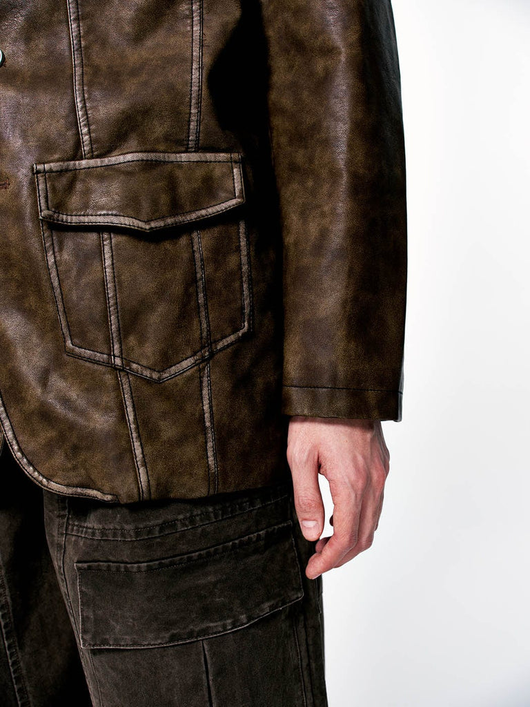 LEONSENSE Distressed Retro Faux Leather Jacket, premium urban and streetwear designers apparel on PROJECTISR.com, LEONSENSE