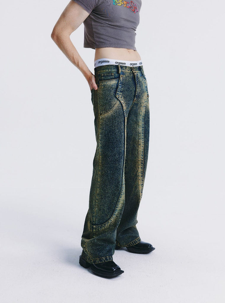 LEONSENSE Acid Wash Spliced Rivet Jeans, premium urban and streetwear designers apparel on PROJECTISR.com, LEONSENSE