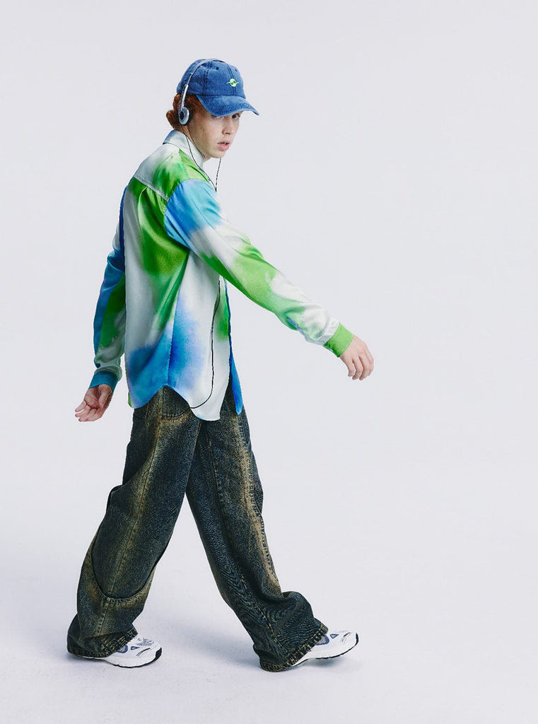 LEONSENSE Acid Wash Spliced Rivet Jeans, premium urban and streetwear designers apparel on PROJECTISR.com, LEONSENSE