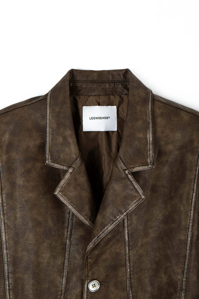 LEONSENSE Distressed Retro Faux Leather Jacket, premium urban and streetwear designers apparel on PROJECTISR.com, LEONSENSE