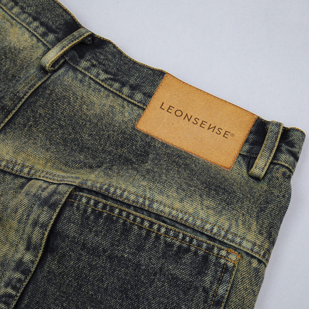 LEONSENSE Acid Wash Spliced Rivet Jeans, premium urban and streetwear designers apparel on PROJECTISR.com, LEONSENSE