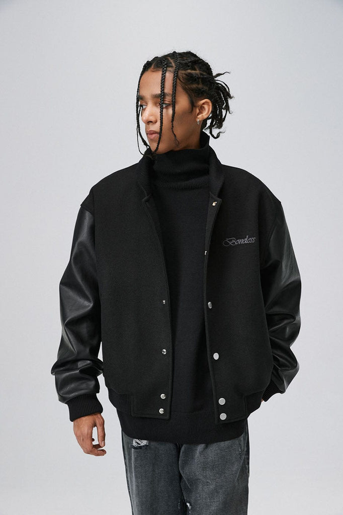 BONELESS Classic Faux Leather Heavy Weight Baseball Jacket, premium urban and streetwear designers apparel on PROJECTISR.com, BONELESS