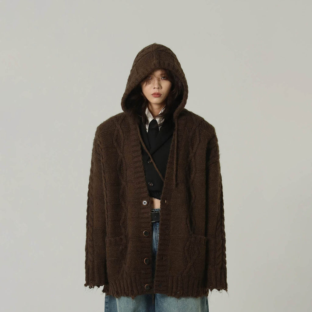 MASONPRINCE Distressed Hooded Twisted Cardigan, premium urban and streetwear designers apparel on PROJECTISR.com, PROJECTISR US
